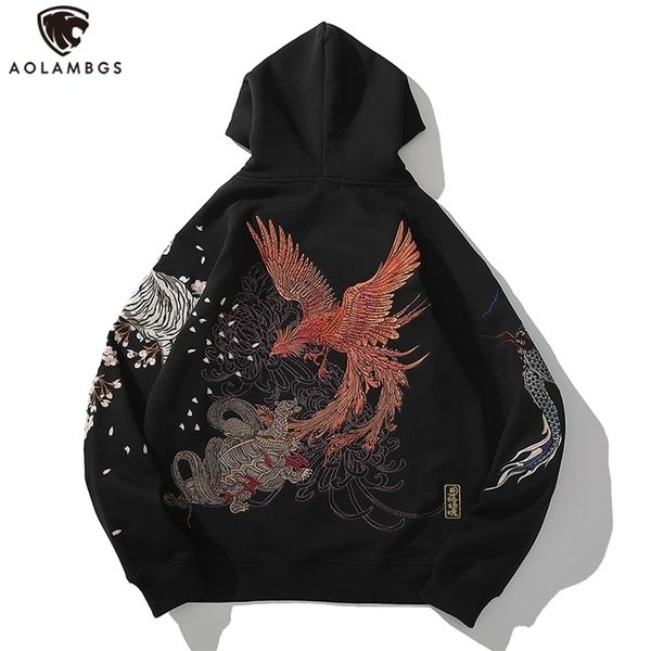 

men's hoodies sweatshirts aolamegs men's autumn fleece hoodies japanese embroidery hooded sweatshirts dragon phoenix vintage totem, Black