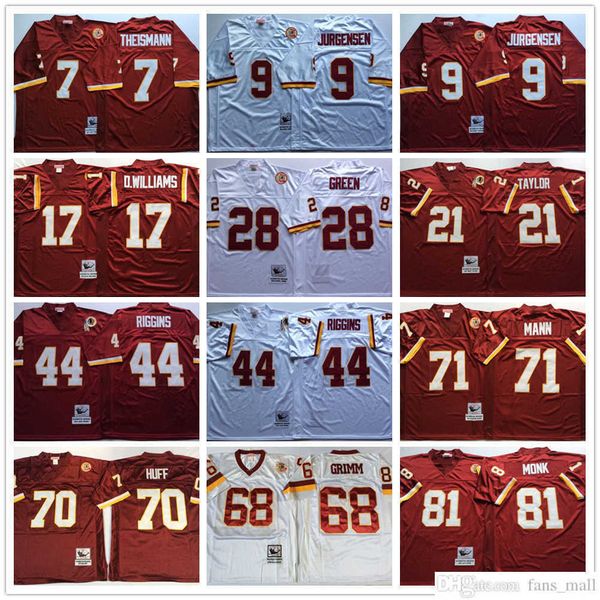 

mitchell and ness vintage football 7 theismann jerseys stitched jurgensen grimm monk huff baugh riggins taylor mann williams jersey man s-xx, Black;red