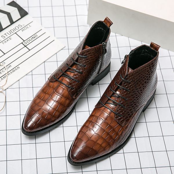 

British Short Boots Men Shoes Trendy Crocodile Pattern PU Stitching Pointed Toe Lace Side Zipper Fashion Business Casual Daily AD257, Clear