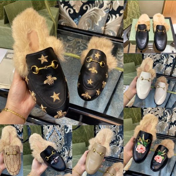 

uggs slippers designer women loafers mules autumn winter warm wool slippers classic metal chain embroidery sandals leather half slipper patt, Black