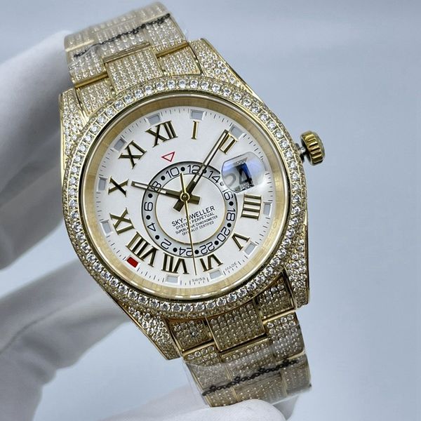 

watches mechanical watches luxury fashion business mens watch sky 326934 ice out diamond watch sapphire glass 42mm roman numeral dial automa, Silver
