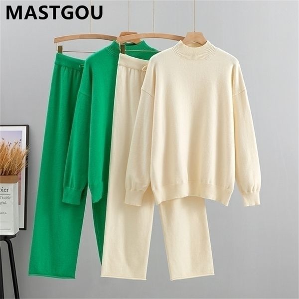 

women's two piece pants mastgou high qaulity autumn winter women sweater set fashion knitted loose pant suits lady casul warm tracksuit, White