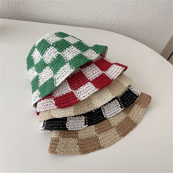 

beanieskull caps wide brim hats bucket hats crochet plaid straw paper bucket hat female summer beach japanese large head circumference plaid, Blue;gray