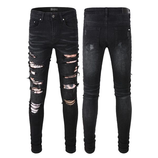 

men's jeans high street new black ripped jeans slim skinny pants orange patch, Blue