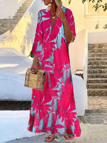 

casual dresses v-neck flared long sleeve long dress office women pattern print vintage dress spring summer casual loose beach party dress t2, Black;gray