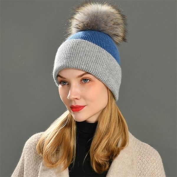 

beanieskull caps wide brim hats bucket hats women spring hat big raccoon fur pom stripe hat elegant wool knitted female cashmere cap 220927, Blue;gray
