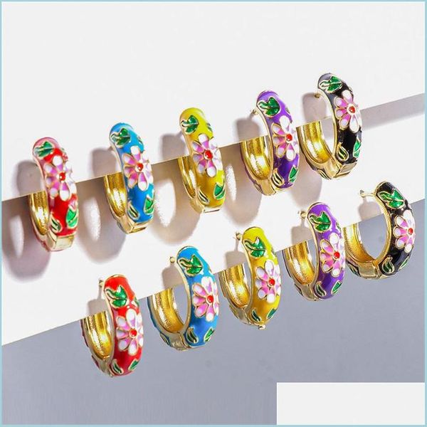 

hoop huggie wholesale fashion colorf flower enamel small earrings gold metal geometric circle for women charm jewelry 3431 q2 drop d dh1p6, Golden;silver