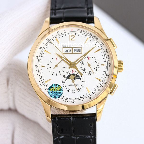 

4138420 yellow gold mens watch tw factory swiss cal.759 automatic movement white dial sapphire crystal perpetual calendar moon phase classic, Slivery;brown
