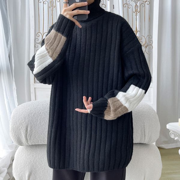 

men's sweaters turtleneck sweater men patchwork winter korean style fashion male thick warm long sleeved loose pullover 220927, White;black