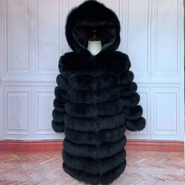 

women s fur faux 90cm real long coat with hood natural jacket hood plus size female winter vests 220926, Black
