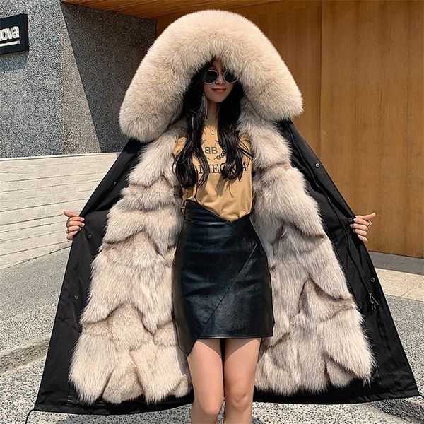 

women s fur faux winter s parka jacket with real detachable m liner mid length coat plus size streetwear 220926, Black