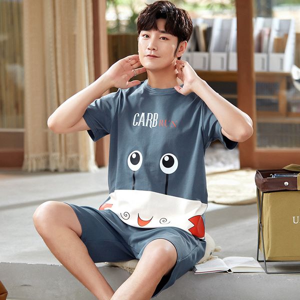 

men's sleepwear men summer plus size knitte cotton short sleeve shorts pajamas set oneck sleepwear cute little crab print cartoon men s, Black;brown