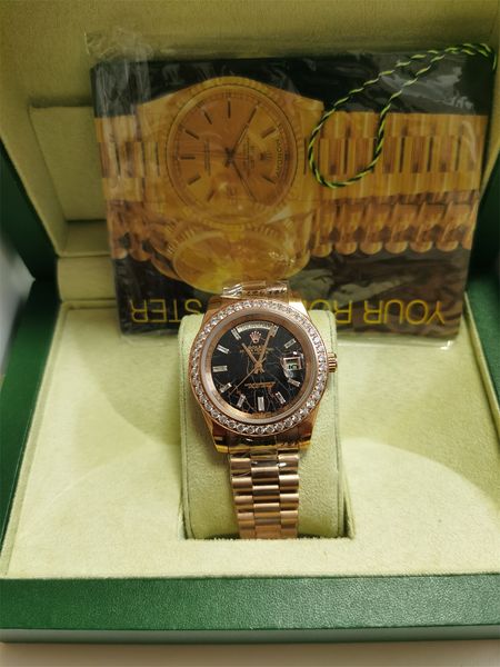 

with original box luxury watches 41mm mens 18k yellow gold black dial bigger diamond automatic fashion brand men's watch wristwatch 281, Slivery;brown