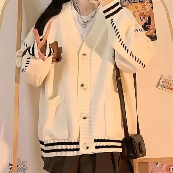 

womens knits tees sweater women harajuku fashion knitted hip hop streetwear cardigan cartoon pullover oversize casual couple vneck vintage c, White