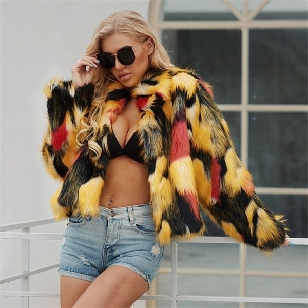 

womens fur faux coat winter croped colorful casual outwear warm fluffy jacket thick plush overcoat covered button 220926, Black