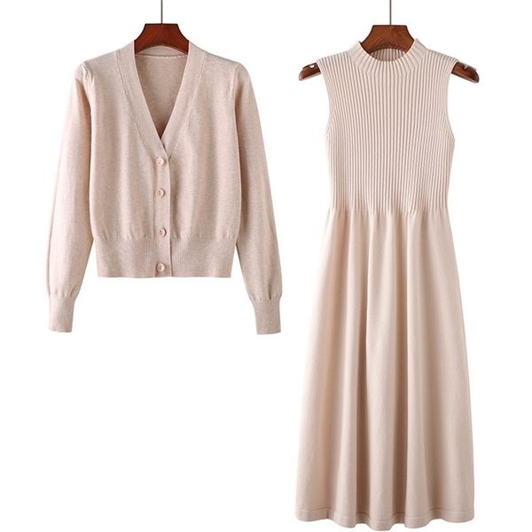 

women's knits tees spring and autumn long-sleeved v-neck two-piece suit sweater dress wild loose knit cardigan women 220927, White
