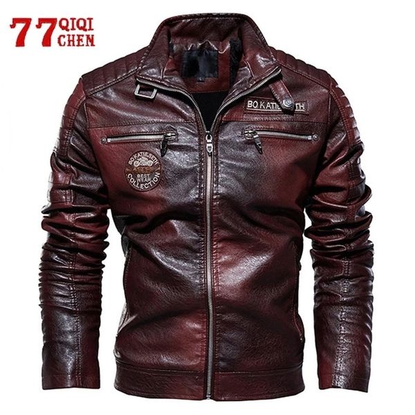 

men's leather faux leather leather jacket men winter fleece motorcycle pu leahter jacket male stand collar casual windbreaker ropa de h, Black