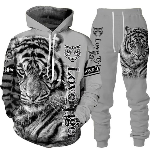 

men's tracksuits animal 3d tiger printed hoodie pants suit cool menwomen 2 pcs sportwear tracksuit set autumn and winter men's clo, Gray