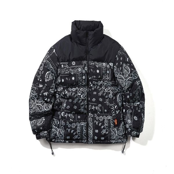 

men's down parkas hip hop paisley jacket parka streetwear men windbreaker winter cotton bubble coat couples bandana bomber 220927, Black