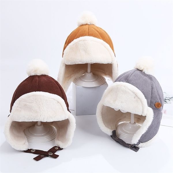 

beanieskull caps kid baby boy girl winter russia hat fur ball ear thicken warm cap with plush childrens hat flying cap 15 years childen hat, Blue;gray