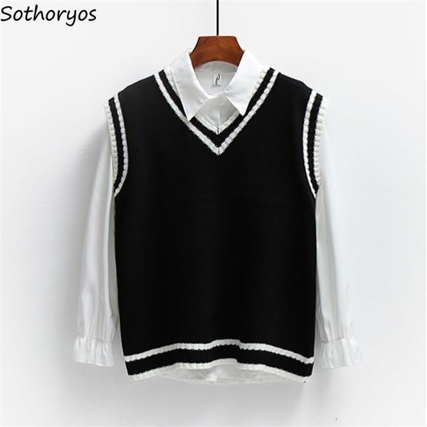 

women's sweaters sweater vest women striped japanese-style sleeveless v-neck all-match loose casual preppy-style lovely students fashio, White;black
