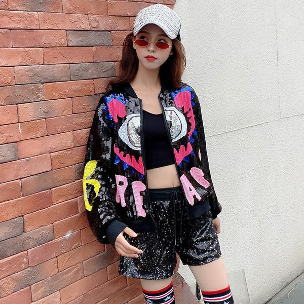 

women's jackets women cartoon print sequins coats short jacket spring autumn female casual black crop outerwear, Black;brown