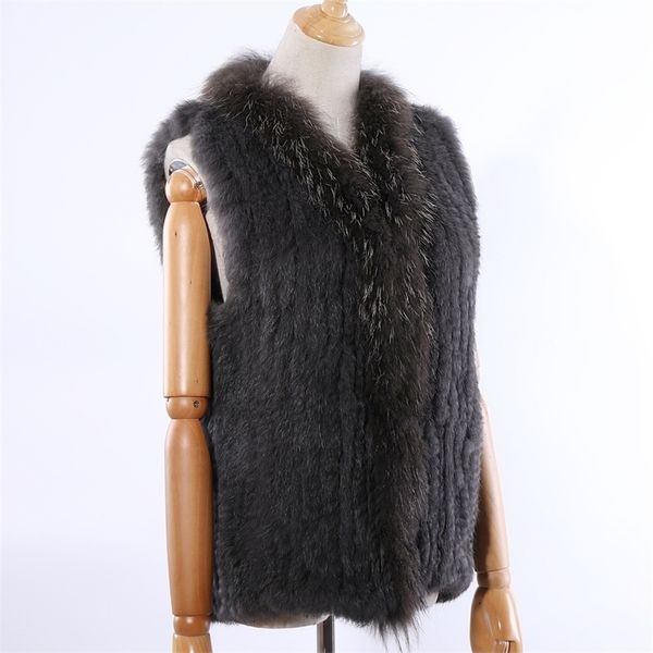 

womens fur faux suppev sttdio genuine rabbit knitted raccoon collar vest vests real sleeveless gilets wholesale 220927, Black