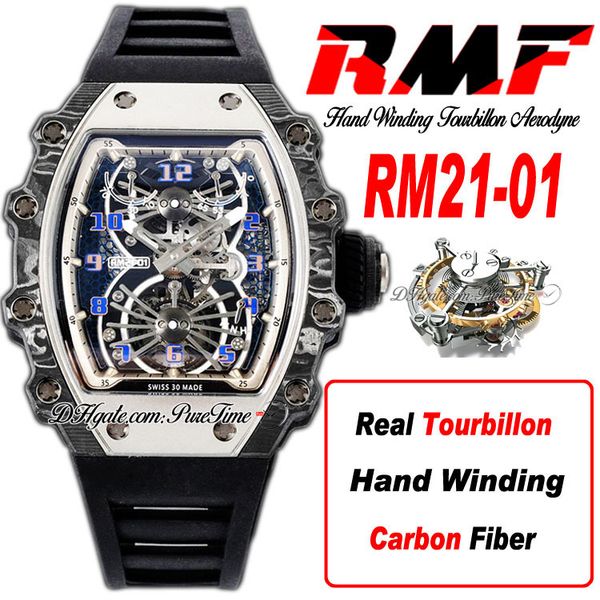 

21-01 real tourbillon aerodyne hand winding mens watch rmf steel carbon fiber case skeleton dial black rubber strap super edition puretime a, Slivery;brown