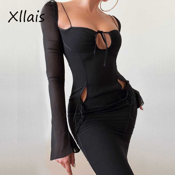 

casual dresses xllais cut out bandage robe elegant transparent mesh long sleeve midi dress nigh backless prom vestidos t220905, Black;gray