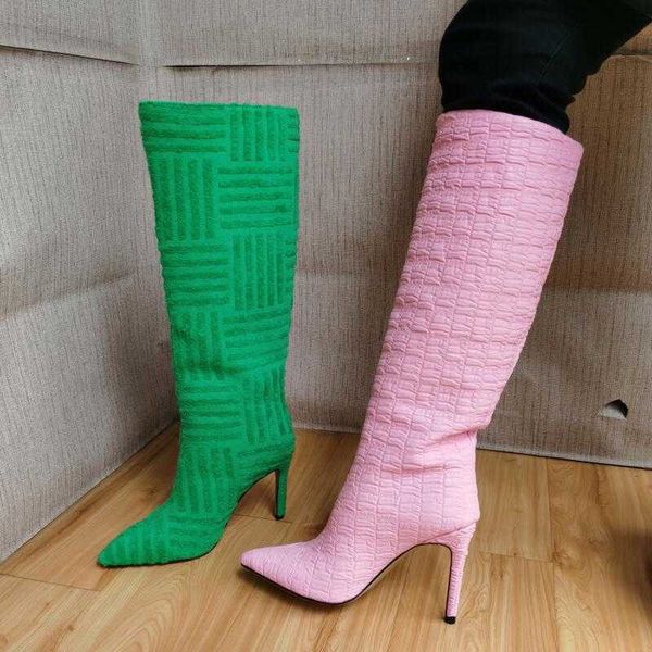 

boots brand design flock printed women new autumn winter thin heel pointed toe knee high long shoes rose green 220901, Black