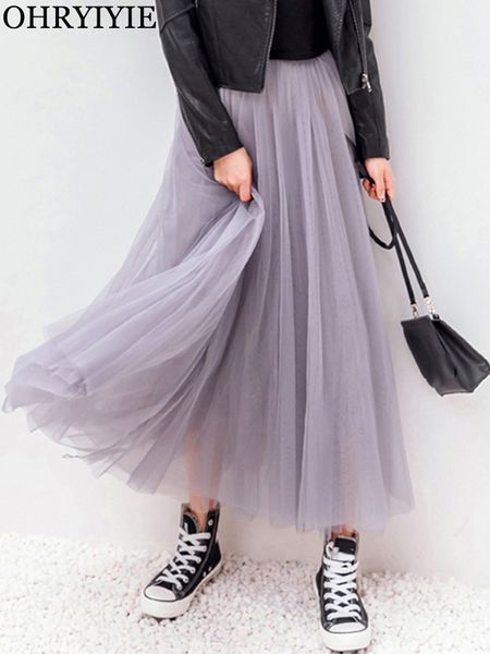 

skirts ohryiyie autumn winter vintage tulle skirt women elastic high waist mesh skirts long pleated tutu skirt female jupe longue 220924, Black