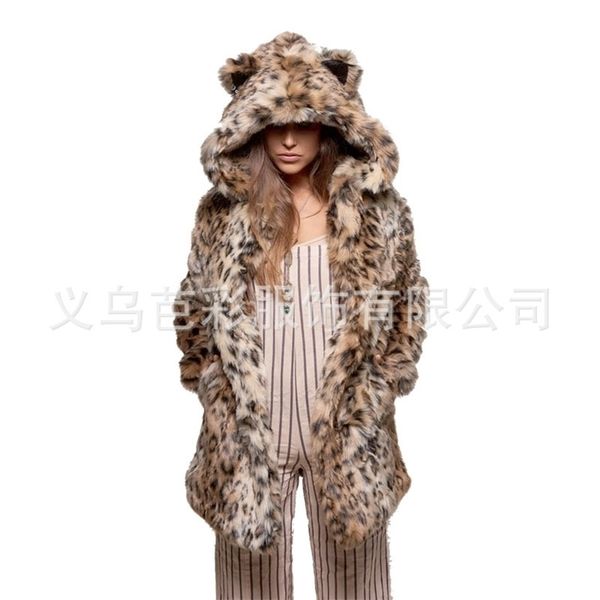 

womens fur faux leopard hooded coat winter fashion elegant thick warm outerwear fake jacket chaquetas mujer 220926, Black