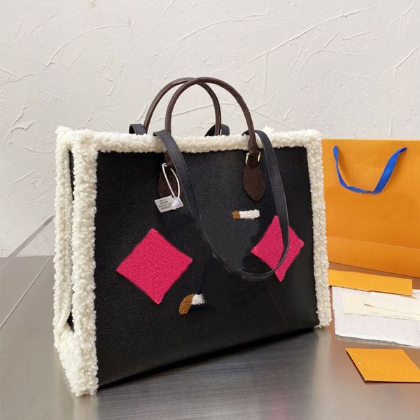 

handbag designer bag35/41cm woolen tote bag women shopping bags handbags two-tone plush shoulder composite soft mini purse lamb wool genuine