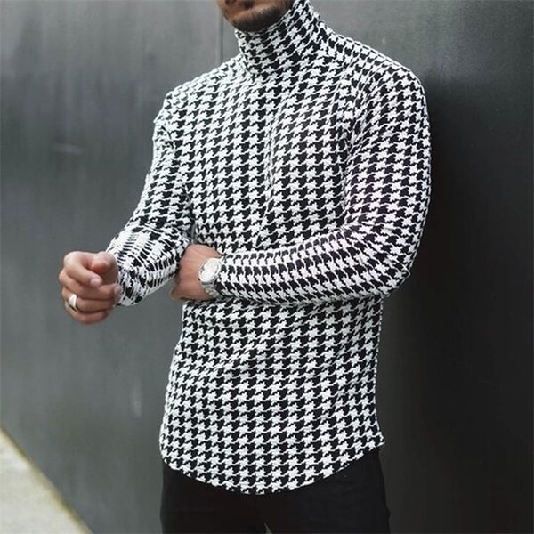 

men's sweaters fashion men turtleneck long sleeve houndstooth printed slim sweater pullover casual knitted jumper plus size pull homme, White;black