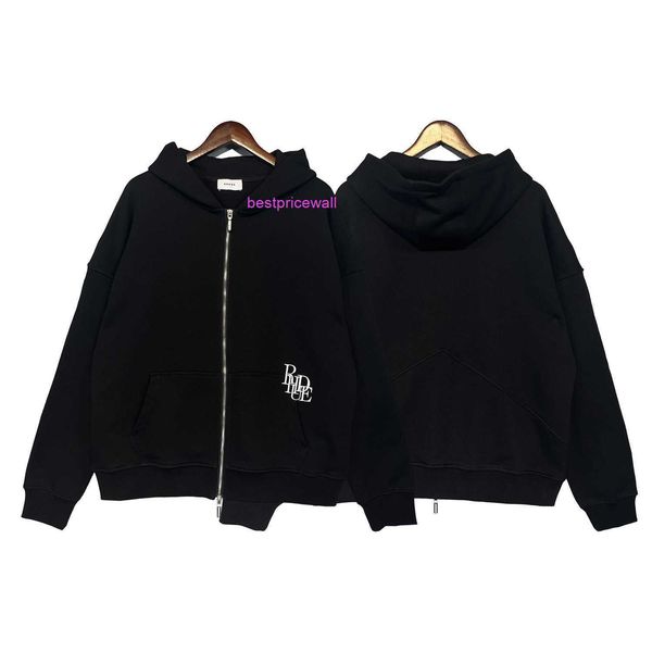 

men's hooded rhude rhude lovers' unique capsule style zipper head three dimensional embroidery high weight full zipper hoodie jack, Black