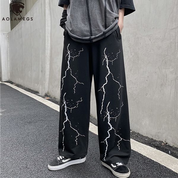 

men's pants aolamegs lightning skeleton print gothic men loose casual wide leg trousers high street cool sweatpants couple streetwear 2, Black