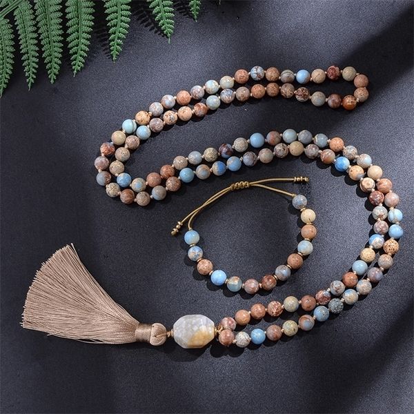 

pendant necklaces 8mm emperor jasper beaded knotted japamala necklace meditation yoga blessing jewelry set 108 mala rosary natural stone 220, Silver