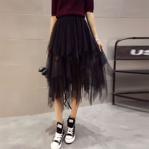 

skirts spring and summer mesh long skirt irregular yarn skirt woman skirts mujer faldas saias mulher 220924, Black