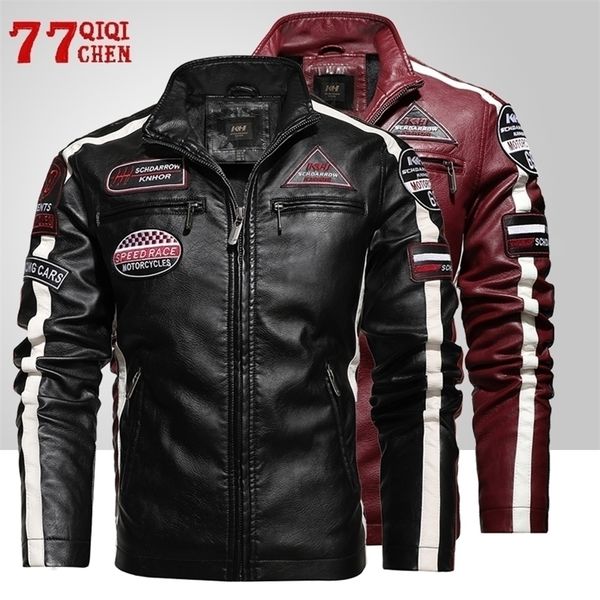 

men's leather faux leather men's motorcycle leather jacket autumn casual patchwork vintage overcoat biker pu embroidery bomber zip, Black