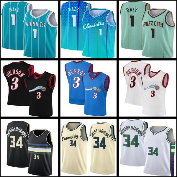 

lamelo 1 ball giannis 34 antetokounmpo allen 3 iverson jersey basketball, Black;red