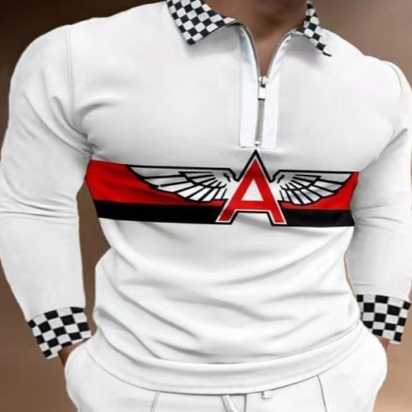 

men's polos autumn men polo shirts casual fashion long sleeve plaid foaming printing turn-down collar zippers tees mens u.s big size 22, White;black