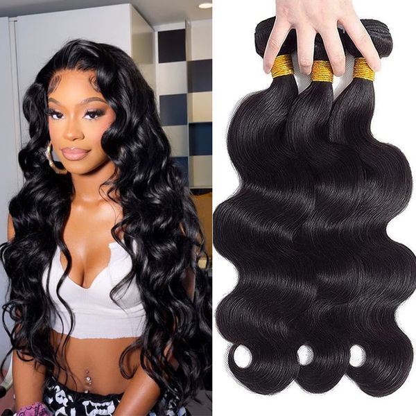 

9a brazilian hair bundles body wave wavy virgin human hair extensions wefts 1026inch thick end greatremy, Black
