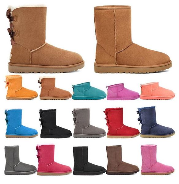 

women winter booties designer boots girl classic snow boot ankle short bow mini fur black chestnut pink bowtie womens shoes size 4-13