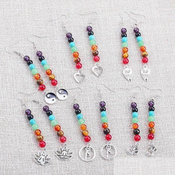 

dangle chandelier unique design 7 chakra natural stone lotus owl love pendant dangle earring for women girls vintage yoga drop jewel dhprn, Silver
