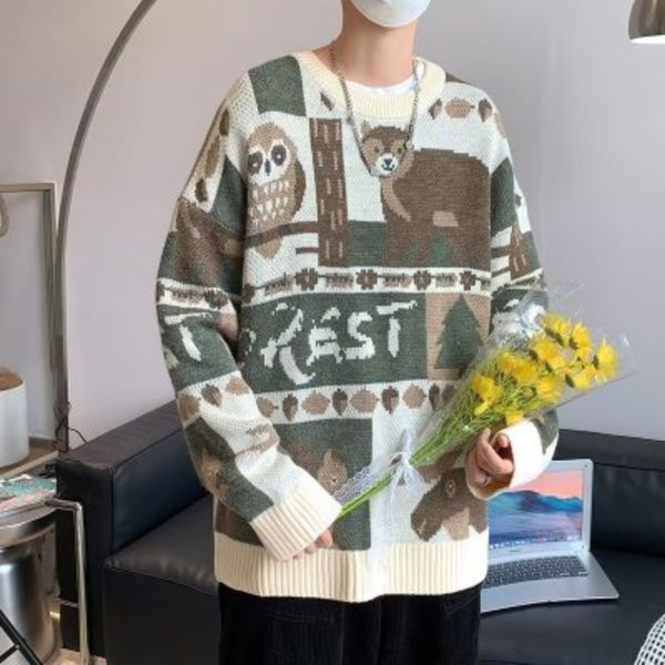 

men's sweaters winter vintage japanese bear couples knitted sweater pullover hip hop harajuku streetwear clothing 220927, White;black
