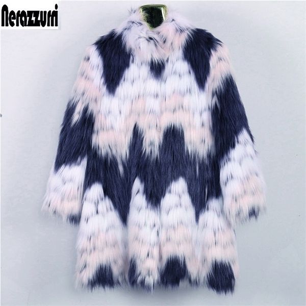 

womens fur faux fur nerazzurri winter gradient thick warm fluffy faux fur coat women elegant hairy furry jacket colorful outerwear korean fa, Black