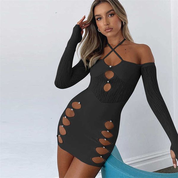 

casual dresses wjfzqm halter backless long sleeve bodycon dress diamonds mesh patchwork hollow out black club mini party dress women 2022 t2, Black;gray