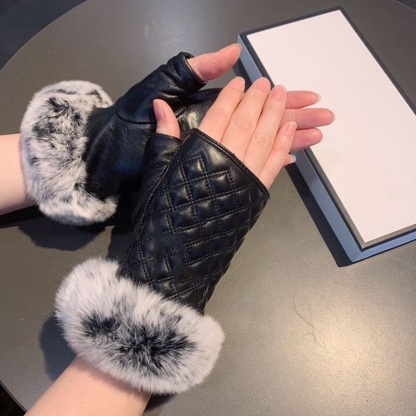 

designer gloves leather glove ladies sheepskin rabbit fur winter mitten for women official replica counter quality european size t0p quality, Blue;gray