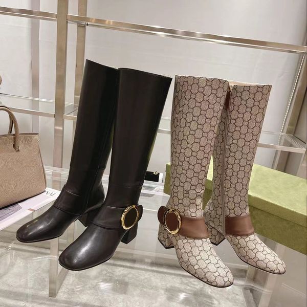 

luxurys designer brand ankle boots over-the-knee boot metal buckle trim low heel warm knee thigh-high boots classic zip winter casual knight, Black