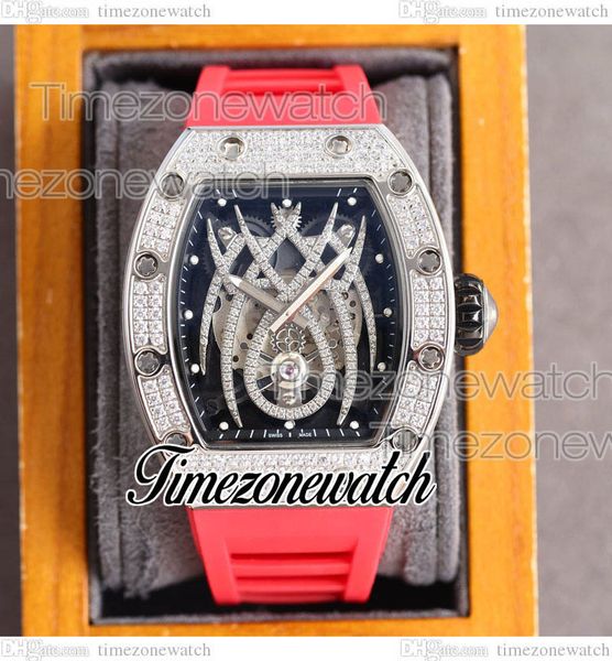 

zyf upgrade spiderman 052 miyota automatic mens watch skeleton dial steel diamond bezel/case red rubber strap limited edition sport watches, Slivery;brown